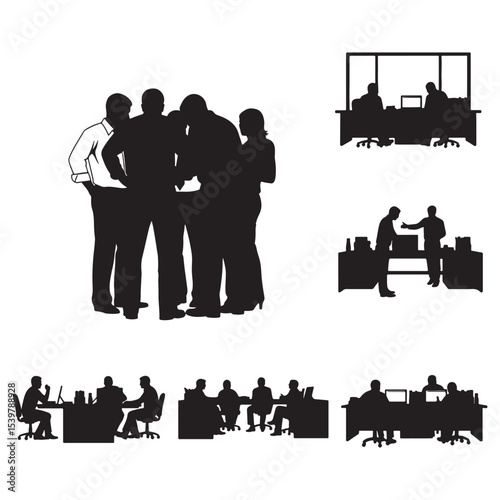 Business People Silhouettes: Office Collaboration and Work Scenes