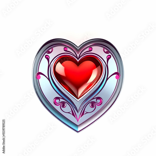 Ornate heart-shaped emblem with decorative trim.