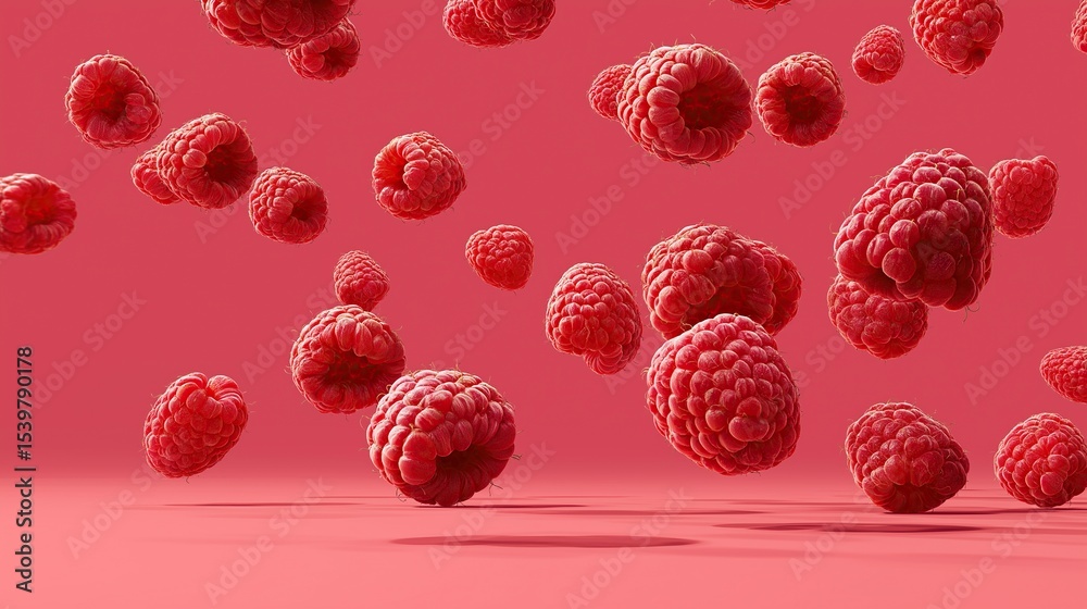 Fototapeta premium Fresh raspberries of different sizes falling mid-air against a solid pink background, vibrant and soft-toned composition for natural food or healthy lifestyle concepts
