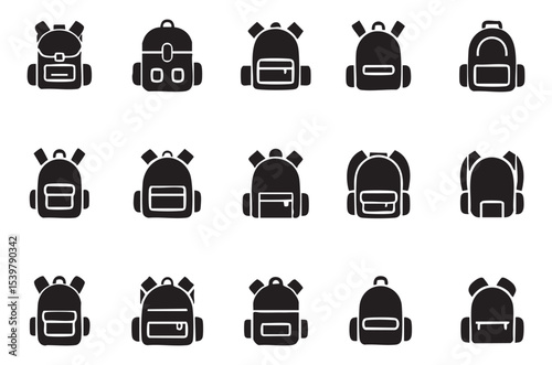 Collection of black silhouette backpacks depicting school supplies and travel gear for education
