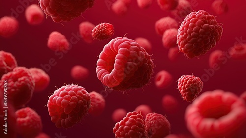 Fresh raspberries floating in mid-air against a clean red background, minimalist composition with simple negative space for natural food or healthy lifestyle concepts