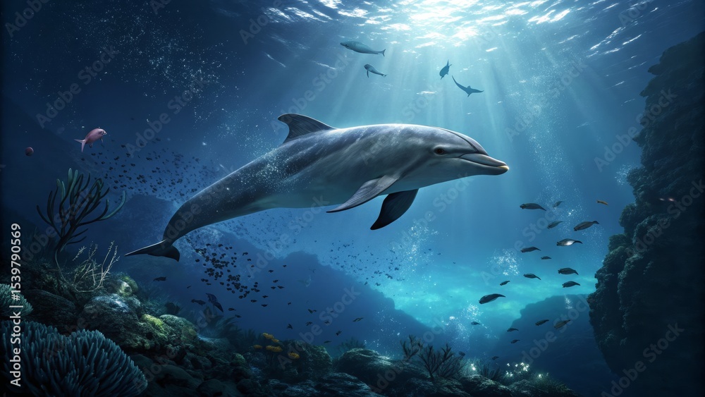 Fototapeta premium Majestic Dolphin Swims Through Vibrant Coral Reef Ocean Wildlife Underwater Scene