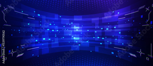Abstract blue digital background with glowing pixels and geometric elements