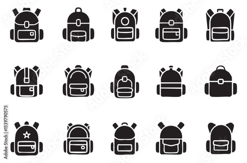 Minimalist black backpack silhouette icon set for school travel and various adventures
