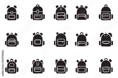 Black silhouette illustration of detailed hand drawn backpack designs for school and travel
