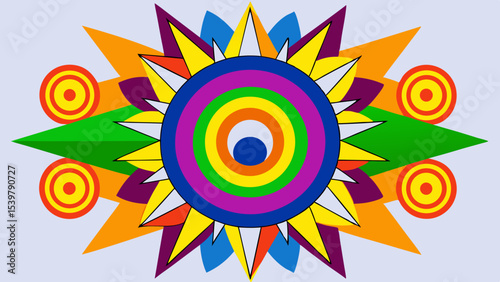 Colorful concentric circles with radial shapes in orange yellow green and purple on a light background