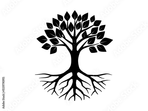 Tree of life is black silhouette logo, showcasing a full canopy of leaves atop a sturdy trunk with roots, symbolizing vitality, growth, and deep foundational connect.