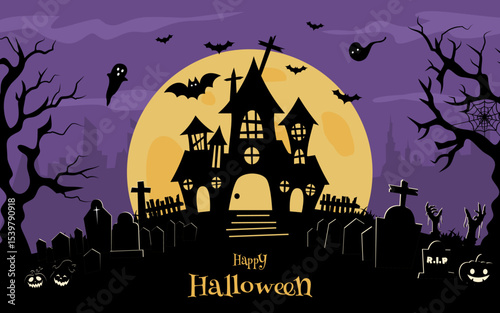 Happy Halloween background concept with night full moon, castle, graveyard and bats. Vector illustration.