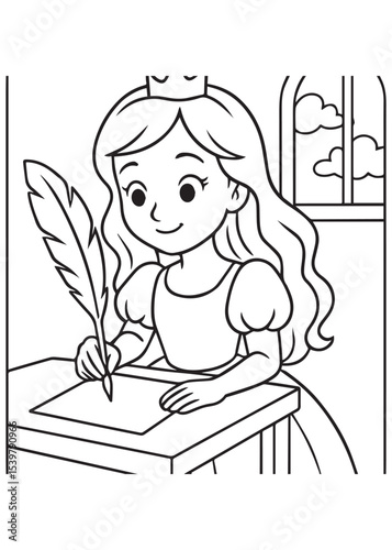 Coloring book princess with a crown happily writes with a quill pen at her desk
