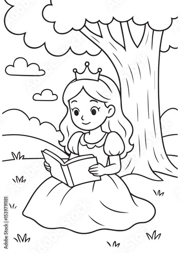 Coloring book princess with a crown happily reads a book under a shady tree