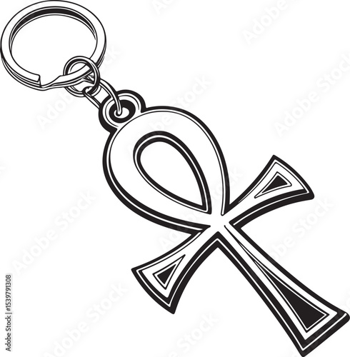 Keychain Key Chain Vector Illustration, Sketch Drawing Line Linear Symbol Icon Engraving Coloring Book, Hand-drawn Black and White Isolated