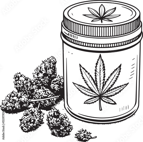 Dried Cannabis Marijuana in CBD or THC Vector Illustration, Sketch Drawing Line Linear Symbol Icon Engraving Coloring Book, Hand-drawn Black and White Isolated