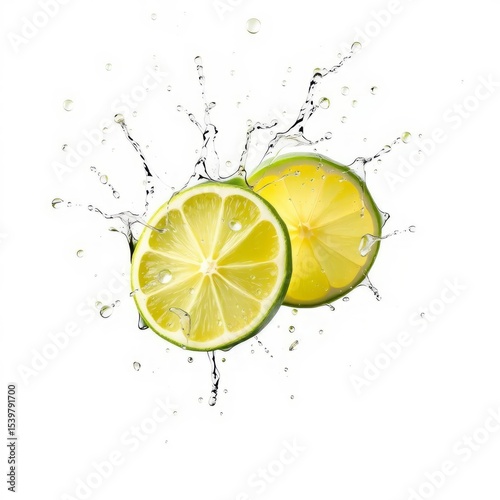 Refreshing Lime Slices Splashing in Water, Isolated on White Background
