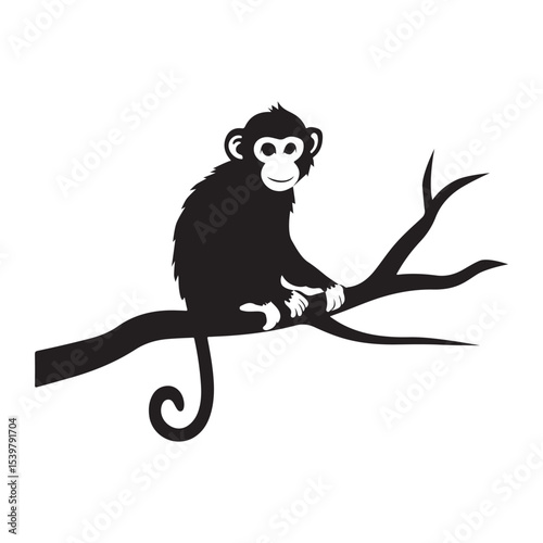 Contemplative Monkey: A Simplified Silhouette monkey, sitting on branch, black and white, simplified, digital art
