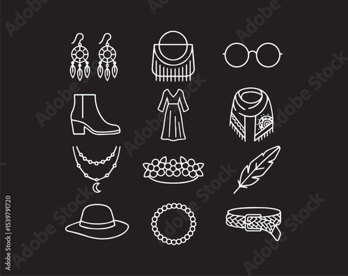 Boho Chic Fashion Accessories and Garments Outline Collection Simple Style