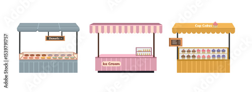 Food fair stand. Set of food stall. Collection of food stand.