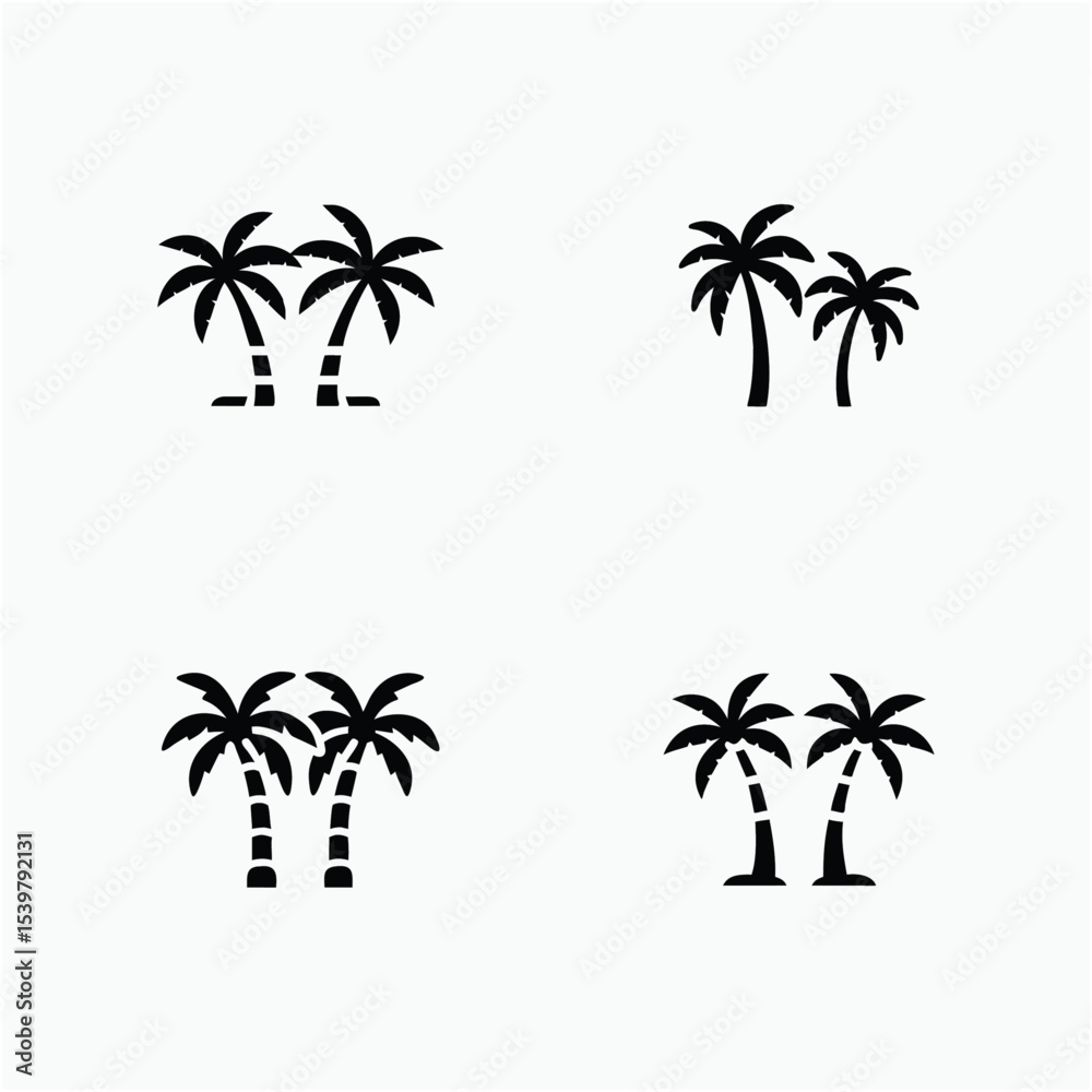 Fototapeta premium Four Silhouettes of Tropical Palm Trees. Simple, black silhouettes of palm trees against a white background.