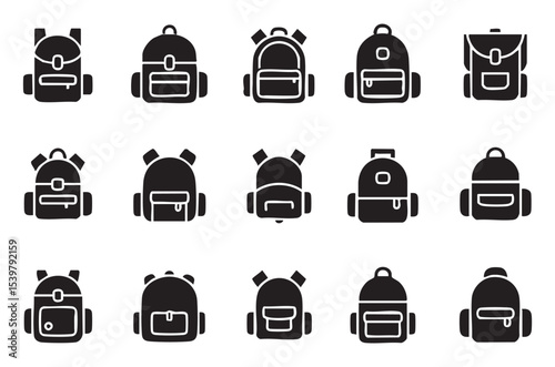A collection of black and white backpack icons representing school supplies and travel essentials
