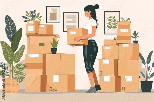 Flat illustration of young woman unpacking boxes in bright empty apartment after moving in