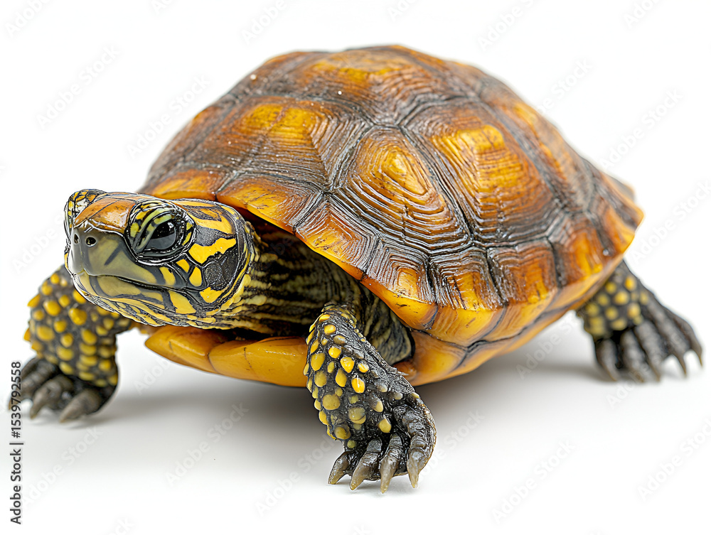 Obraz premium Slow tortoise with a patterned shell isolated on a white background, perfect for nature and wildlife themes
