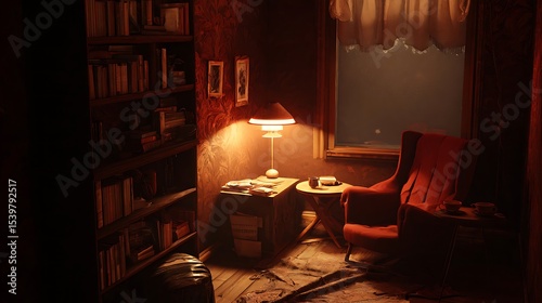 Warmly lit room with bookshelves and armchair.