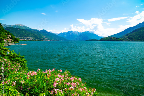 View of Lake Como, towards the north, from Musso, with the Alps, the villages and the mountains of Valtellina.