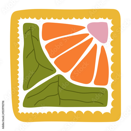 Hand-drawn colorful floral element in a decorative square frame with circular details. Abstract flower petals and leaf design. Perfect for scrapbooking, crafts, textile design, digital art, and decor.