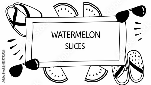Illustration of watermelon slices with sunglasses and flip flops in a summer themed frame design