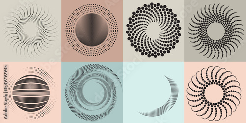 Lines and dots in Circle Form .Rotate rounded shape Vector Illustration .Rotating dots form a circle .Rotating design element . Various lines forming round shape . Abstract Geometric line art .
