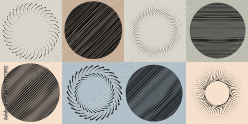 Lines and dots in Circle Form .Rotate rounded shape Vector Illustration .Rotating dots form a circle .Rotating design element . Various lines forming round shape . Abstract Geometric line art .
