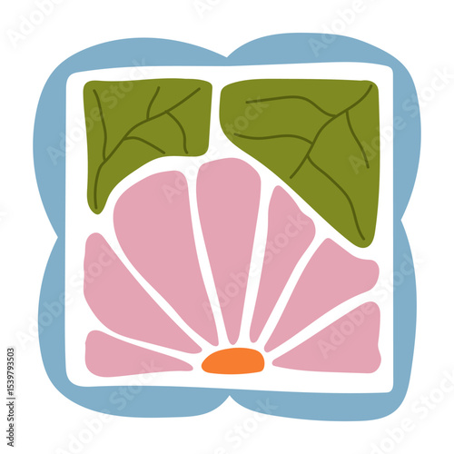 Hand-drawn colorful floral element in a decorative square frame with circular details. Abstract flower petals and leaf design. Perfect for scrapbooking, crafts, textile design, digital art, and decor.