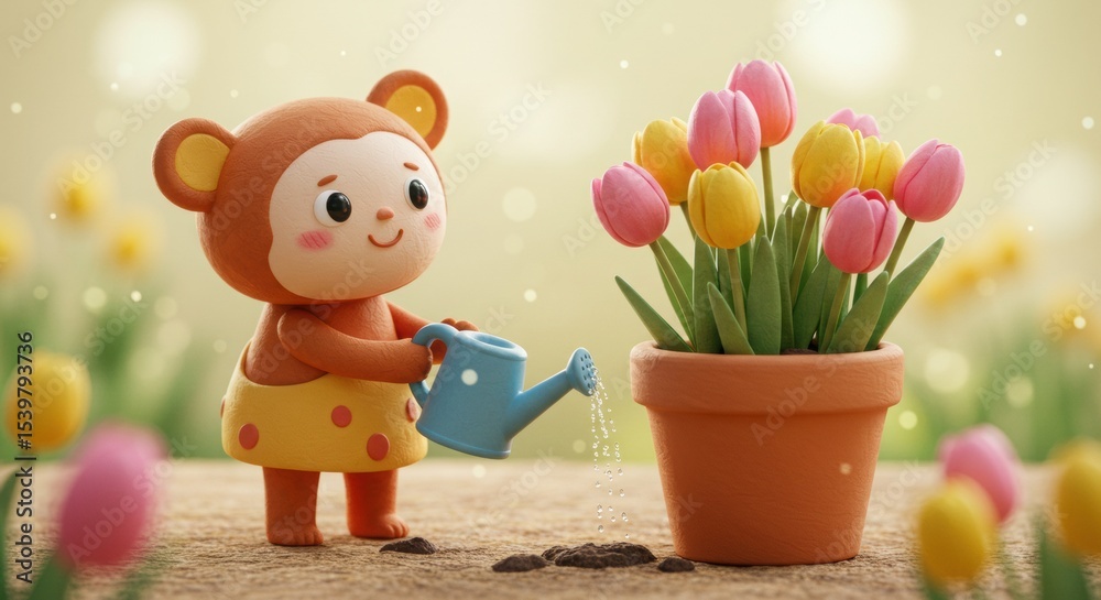 Obraz premium Cute Monkey Watering Tulips in a Spring Garden