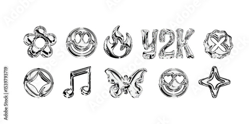 Trendy chrome Y2K PNG shapes for design.