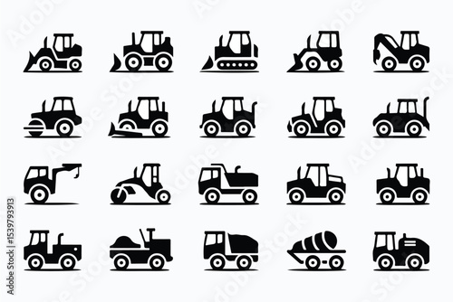 Construction vehicle icon set. Vector pictograms of bulldozer, loader, grader, paver, roller, lowboy hauler, utility, concrete mixer, Black silhouette illustration