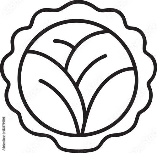 Simple Line Art Illustration of Cabbage Head with Wavy Outer Leaves and Internal Leaf Structure Depiction