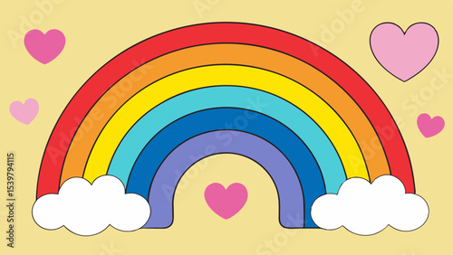 Illustration of a rainbow with seven colors and white clouds with pink hearts on a yellow background