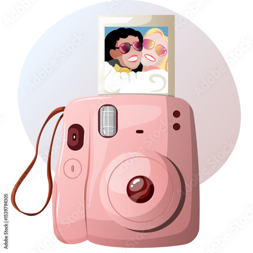 Pink Mini Instant Camera with Printed Photo of Friends – Cute Polaroid-Style Retro Gadget Illustration