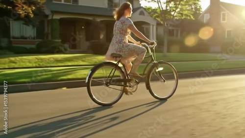 Woman Biking on Quiet Street During Golden Hour