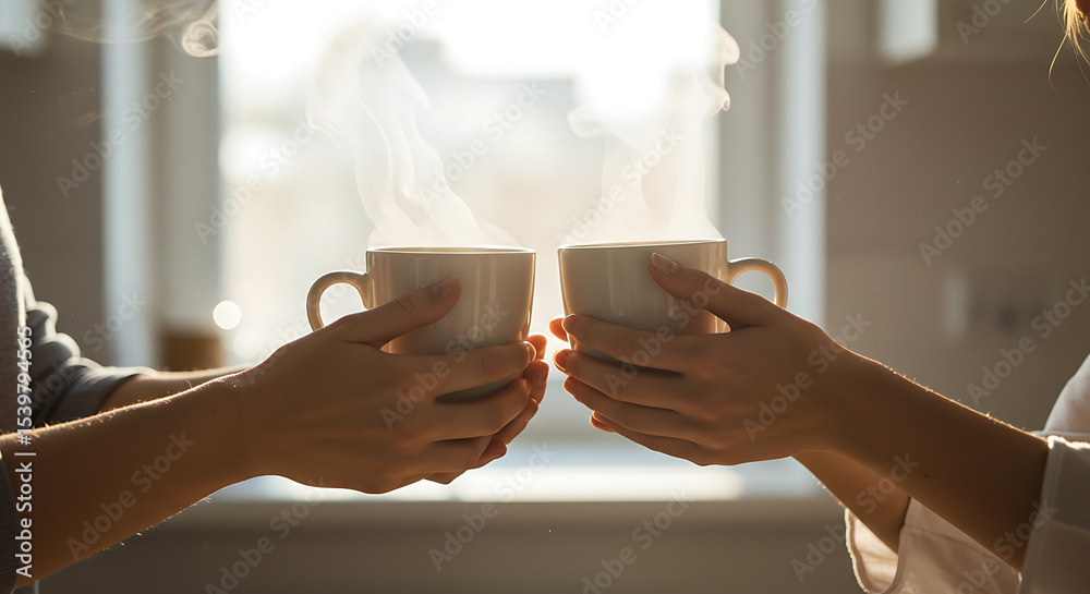 Obraz premium Steaming Coffee Cups Shared Between Two Hands, Backlit Window