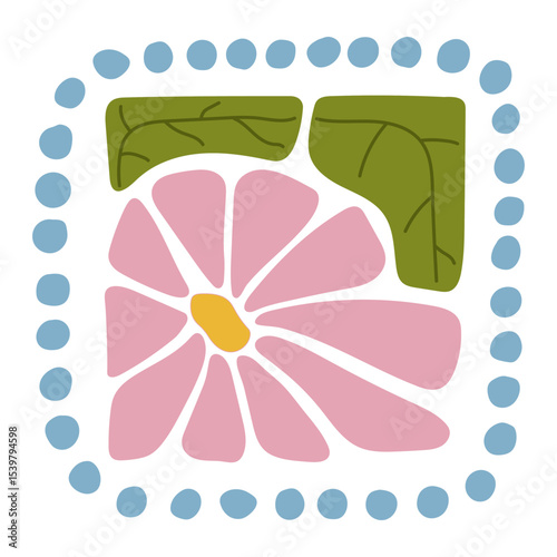 Hand-drawn colorful floral element in a decorative square frame with circular details. Abstract flower petals and leaf design. Perfect for scrapbooking, crafts, textile design, digital art, and decor.