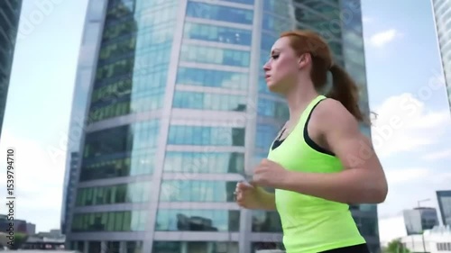 Woman Jogging Past Tall Buildings in Morning Sun