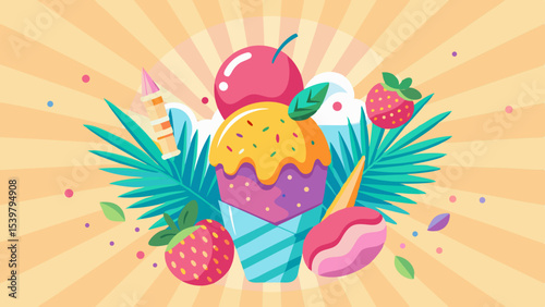 Colorful summer treat illustration with ice cream, fruits, and tropical leaves on radiant background