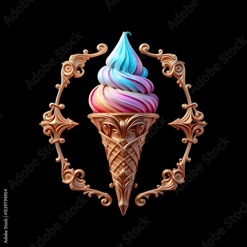 Ornate ice cream cone with colorful swirl design.
