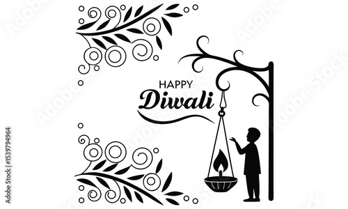 Happy diwali illustration boy silhouette hanging lamp isolated on white background