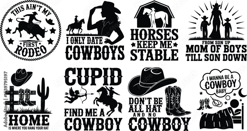 Fototapeta premium Western Cowboy Silhouette Typography T-Shirt Designs – Rustic Rodeo Quotes, Vintage Country Style Graphic Text Tees, Cowboy Hat Boots Horse Illustrations for Sublimation, Print-on-Demand, Cricut,