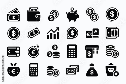 Loan, finance icon set. Vector glyph pictograms of mortgage, percentage, loan agreement, money bag, repayment, banking, credit, interest rate black silhouette illustration.