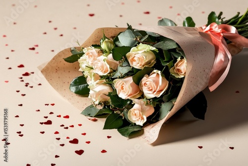 Bouquet of Roses With Pink Ribbon and Heart Confetti for a Romantic Occasion