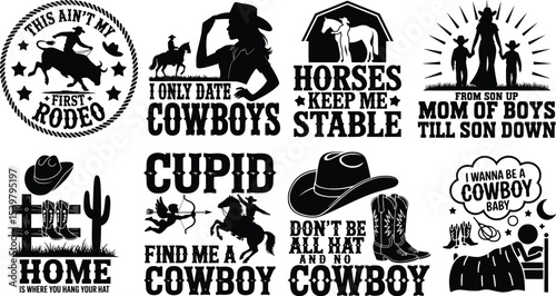 Western Cowboy Silhouette Typography T-Shirt Designs – Rustic Rodeo Quotes, Vintage Country Style Graphic Text Tees, Cowboy Hat Boots Horse Illustrations for Sublimation, Print-on-Demand, Cricut,