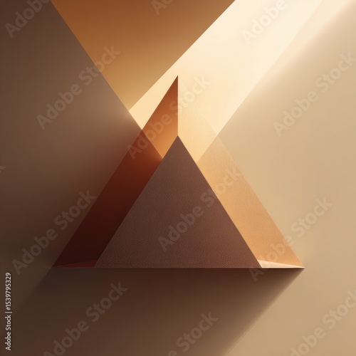 Interlocking bronze pyramids cast shadows within a geometric, sunlit abstract composition