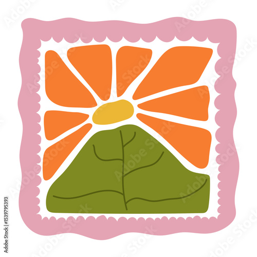 Hand-drawn colorful floral element in a decorative square frame with circular details. Abstract flower petals and leaf design. Perfect for scrapbooking, crafts, textile design, digital art, and decor.